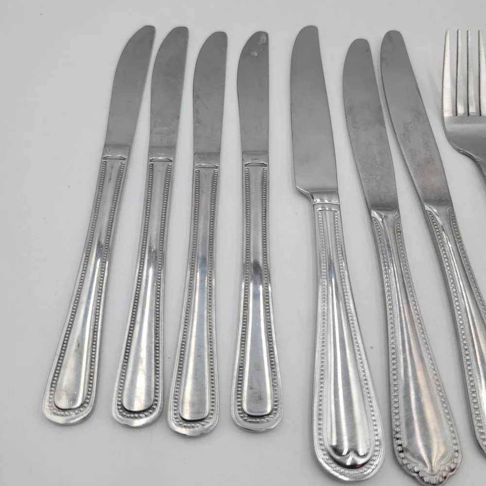 23 Pc Mixed Flatware Lot Stainless Steel Beaded Border Knives Forks Spoons